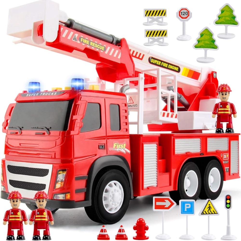 Realistic Friction-PoweredFire🔥Engine🚒, 3 Firemen🧑‍🚒RoadSignsLights🚨Sound🔊
